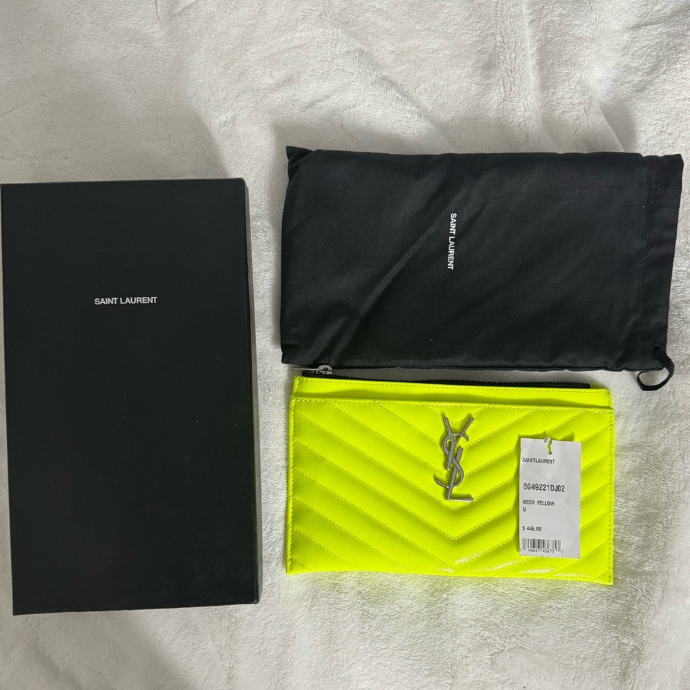 Saint Laurent Monogram Matelassé Leather Pouch In Neon Yellow